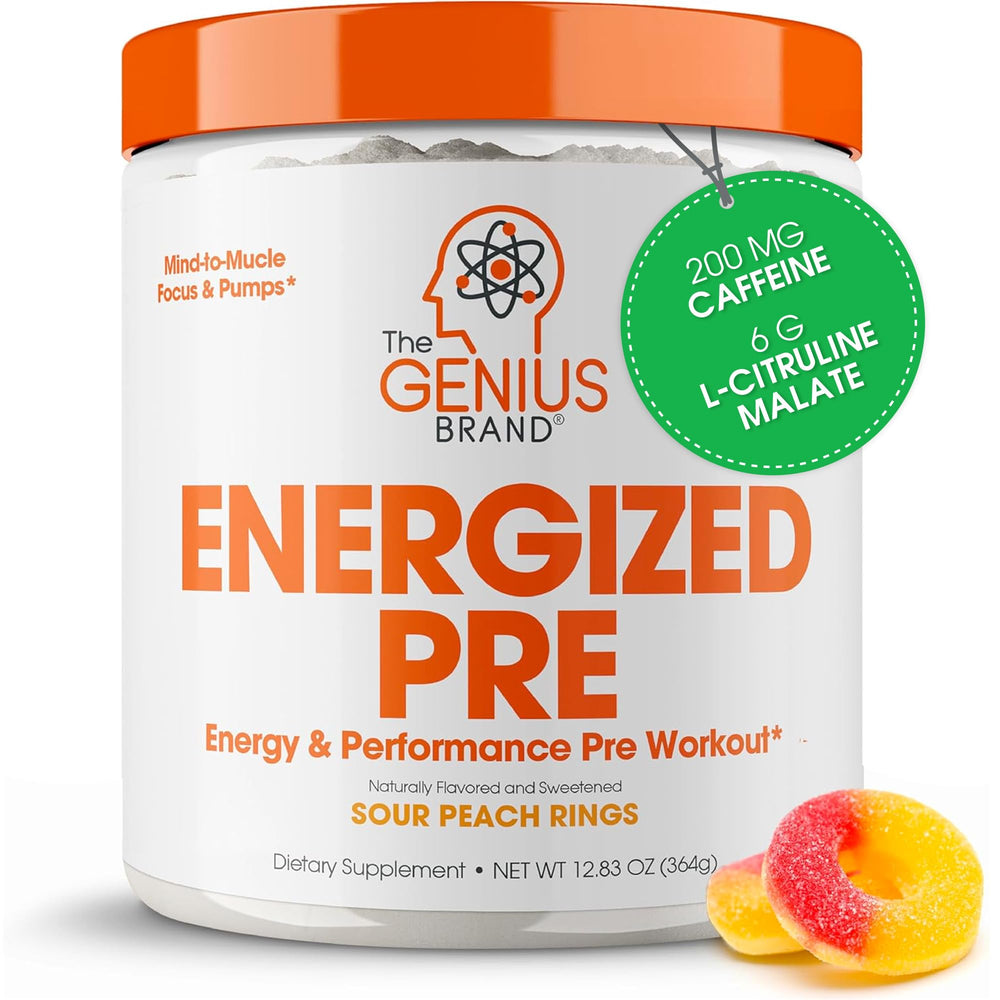 Genius Energized Pre-Workout tub front highlights energy-boosting formula for workouts.