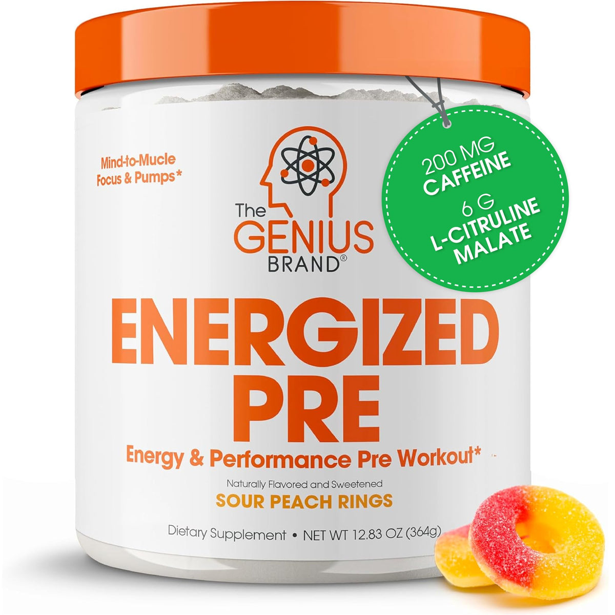Genius Energized Pre-Workout tub front highlights energy-boosting formula for workouts.