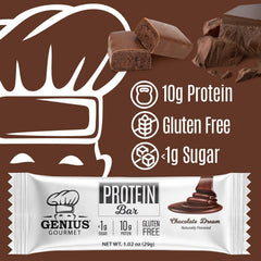 Genius Gourmet Chocolate Dream bar on desk for midday protein.