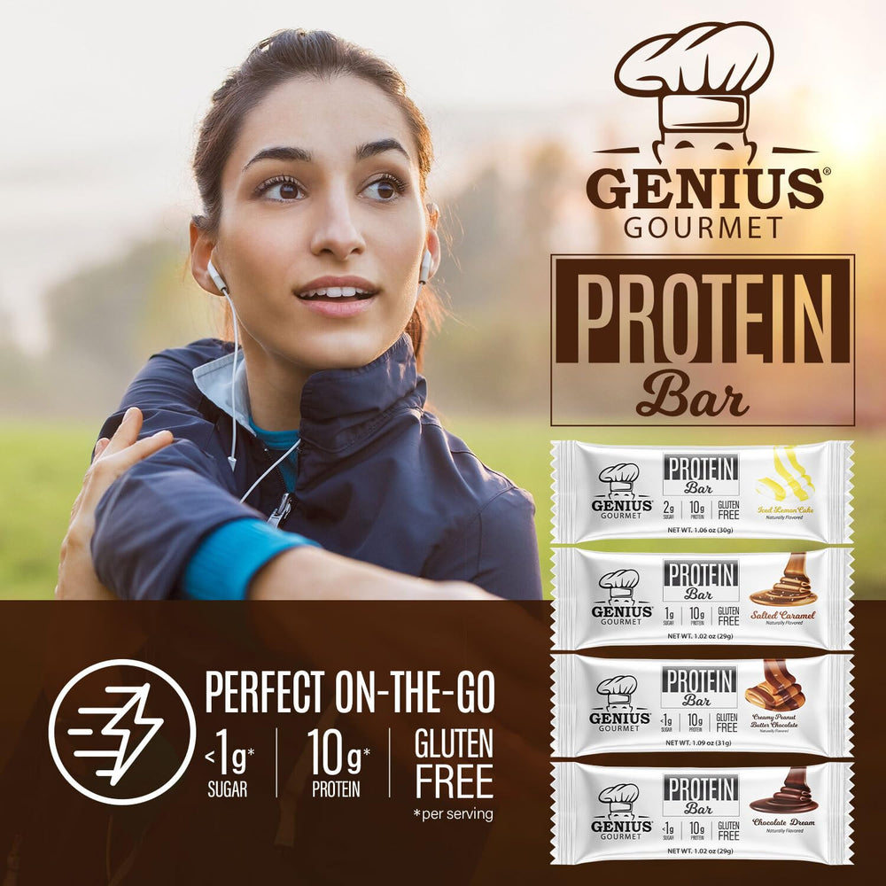 Genius Gourmet Chocolate Dream bar in gym-bag setting.