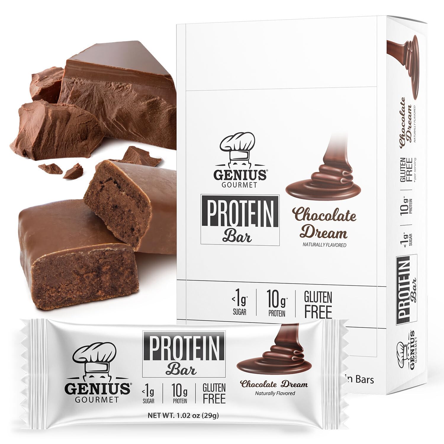 Genius Gourmet Chocolate Dream bar unwrap shows keto-friendly on-the-go snacking.