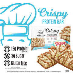 Genius Gourmet SKIPPY bar nutrition panel shows 12g protein per serving