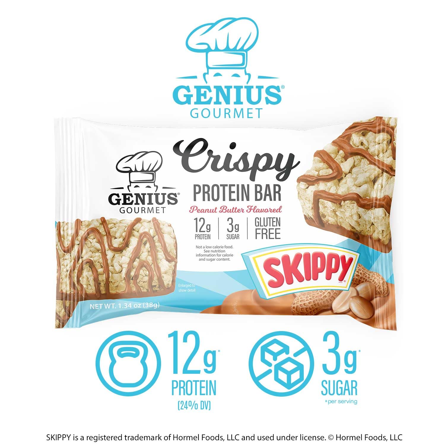 Genius Gourmet SKIPPY on-the-go bar highlighting 3g sugar and convenience