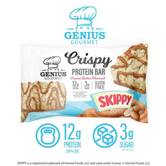 Genius Gourmet SKIPPY on-the-go bar highlighting 3g sugar and convenience