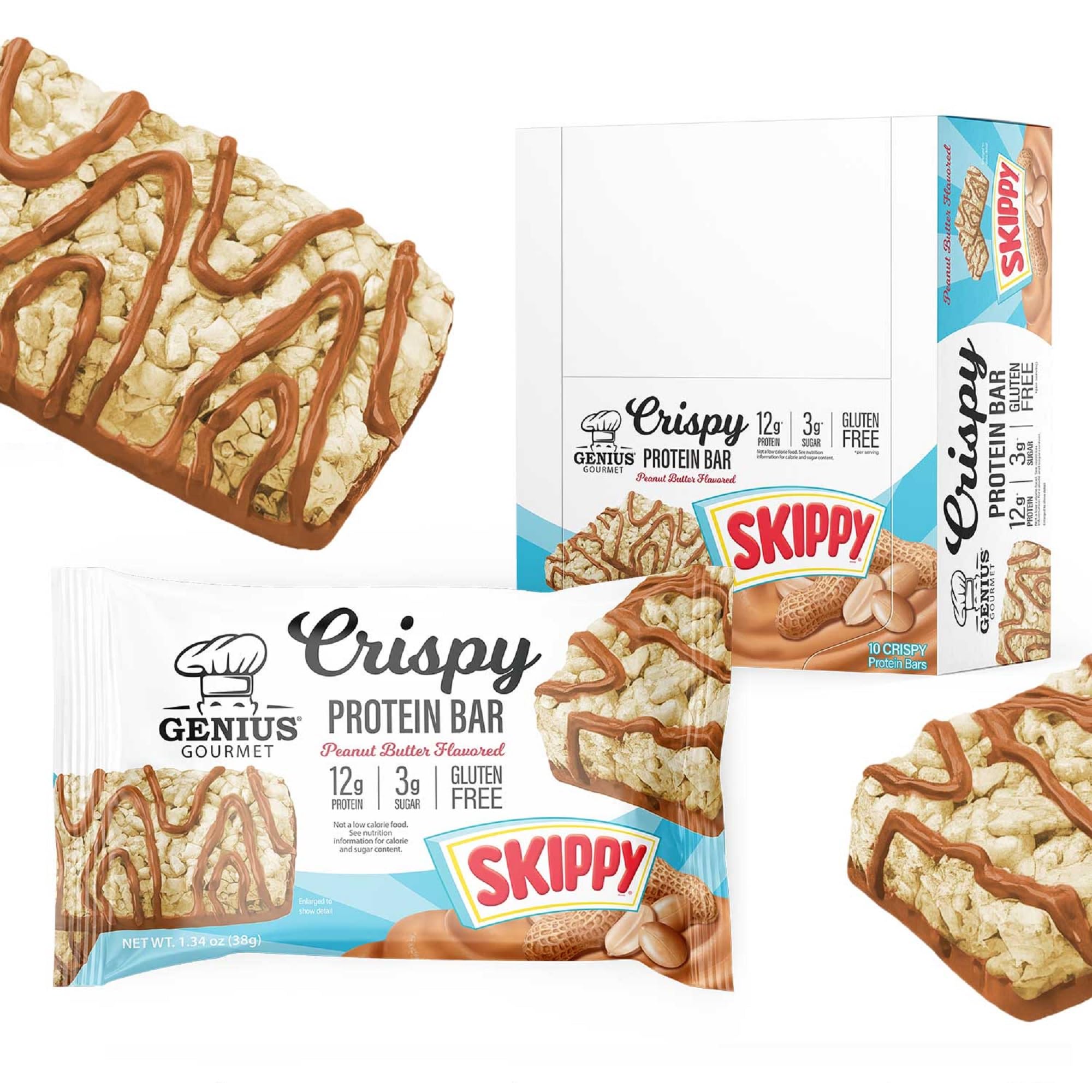 Genius Gourmet SKIPPY bar pack shot highlighting gluten-free, protein-packed snack