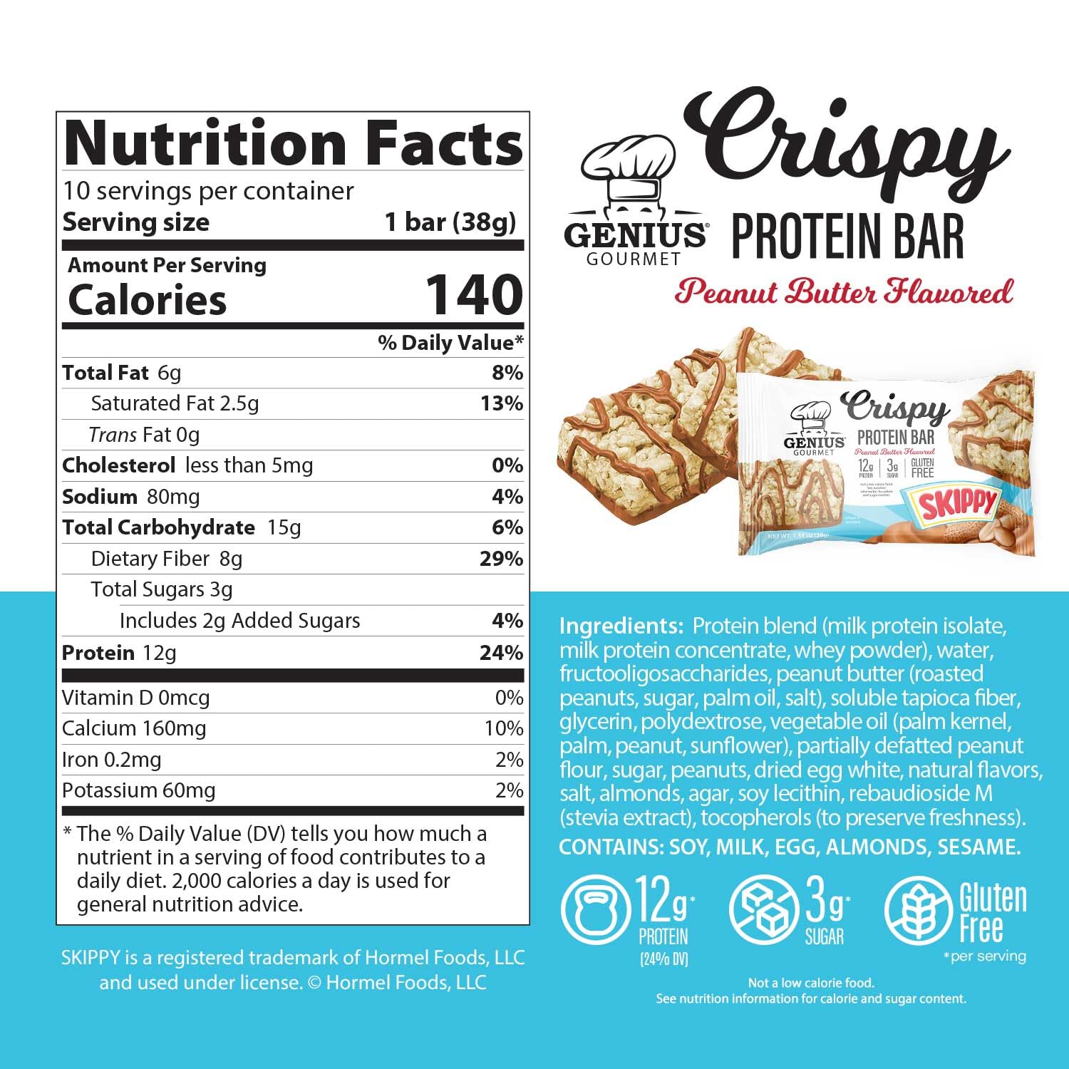 Genius Gourmet SKIPPY peanut butter bar texture close-up showing crispy bite