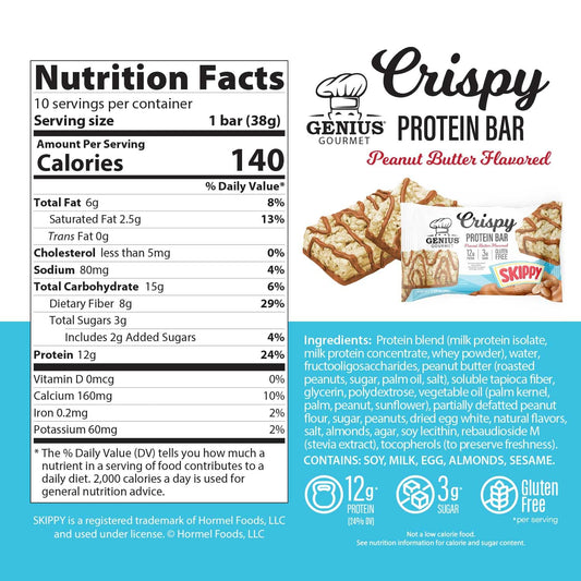 Genius Gourmet SKIPPY peanut butter bar texture close-up showing crispy bite