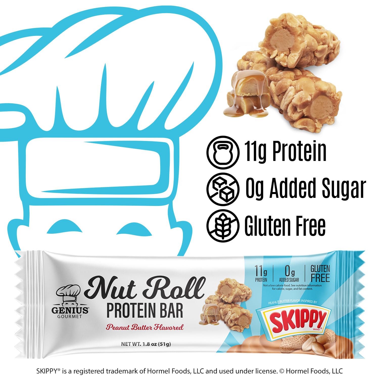 Genius Gourmet SKIPPY bar offers no added sugar with bold peanut flavor.