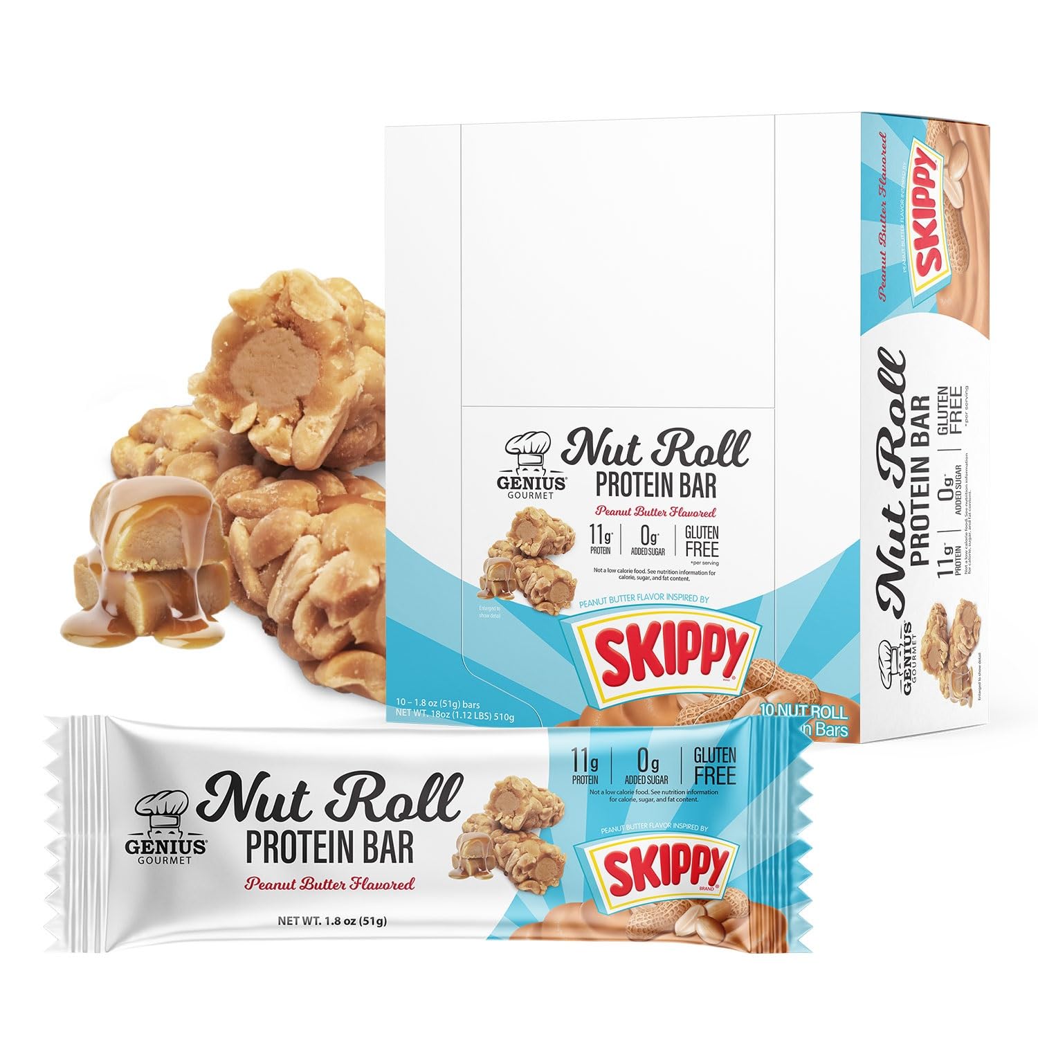 Genius Gourmet SKIPPY bar packaging for convenient grab-and-go protein fuel.