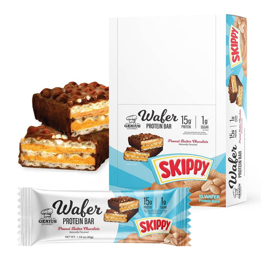 Genius Gourmet SKIPPY wafer bar with chocolate coating; crisp texture and protein.