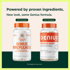 Close-up of Genius Mindfulness veggie pills for focus and calm.