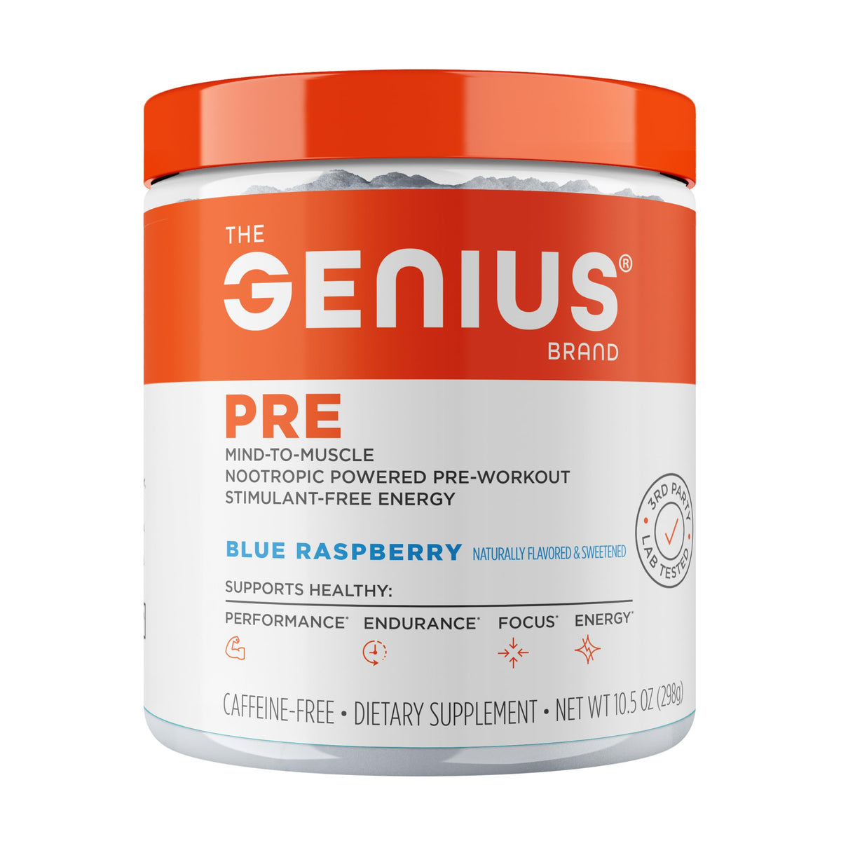 The Genius Brand Genius Pre blue raspberry bottle provides clean energy for workouts.