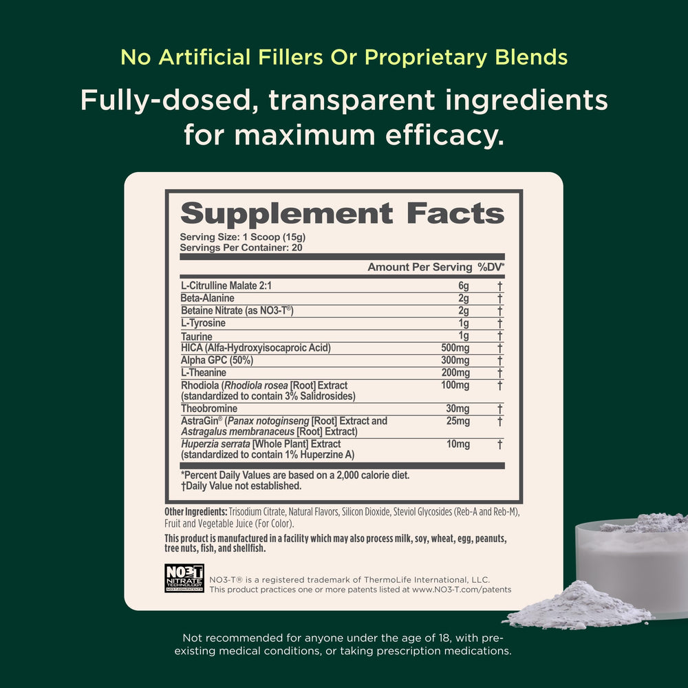 Genius Pre nutrition panel close-up communicates transparent dosing.