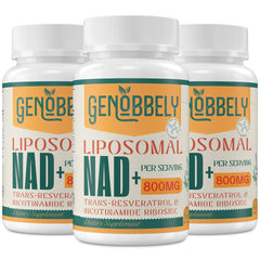 GENOBBELY liposomal NAD+ bottle front with easy-to-swallow softgels for daily energy.