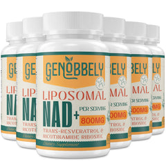 GENOBBELY liposomal NAD+ 800 mg bottle showing advanced delivery for daily energy support.