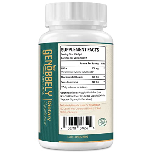 GENOBBELY NAD+ label closeup highlighting NR and resveratrol ingredients for healthy aging.