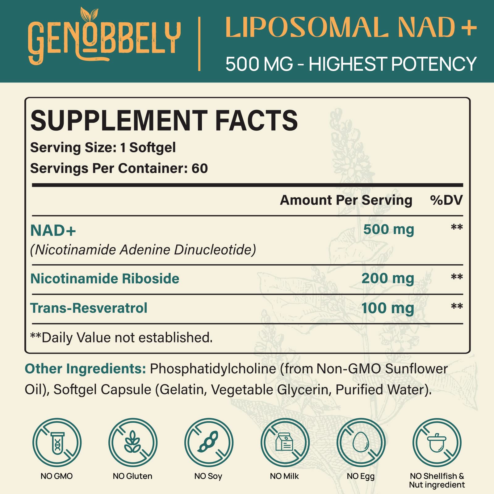 GENOBBELY nicotinamide riboside softgel highlighting NR support for cellular energy.