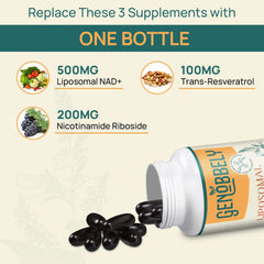 GENOBBELY trans-resveratrol capsule showing enhanced bioavailability via liposome delivery.
