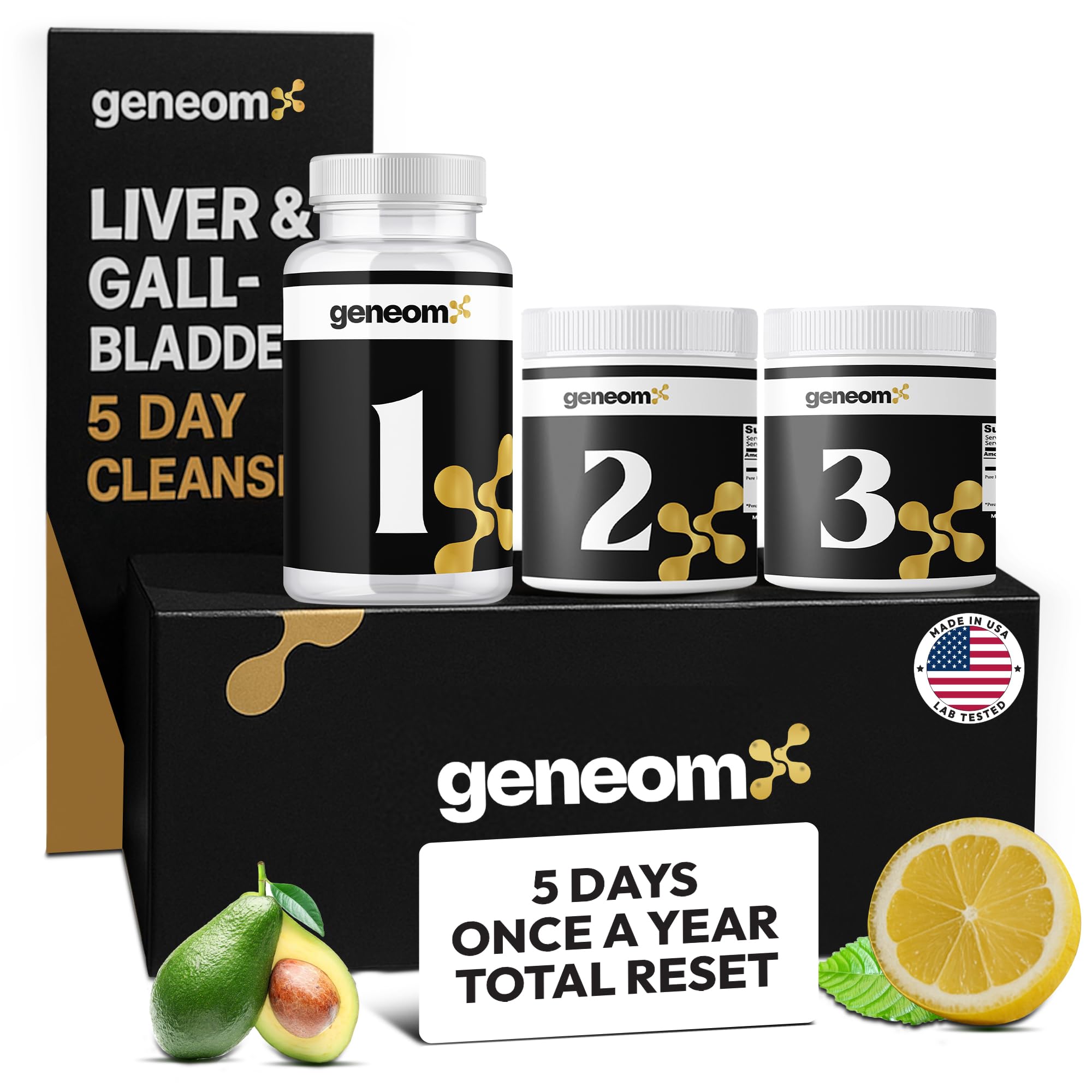 Geneomx 5-Day Cleanse bottle with capsules supports gentle detox and bile flow.