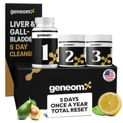 Geneomx 5-Day Cleanse bottle with capsules supports gentle detox and bile flow.