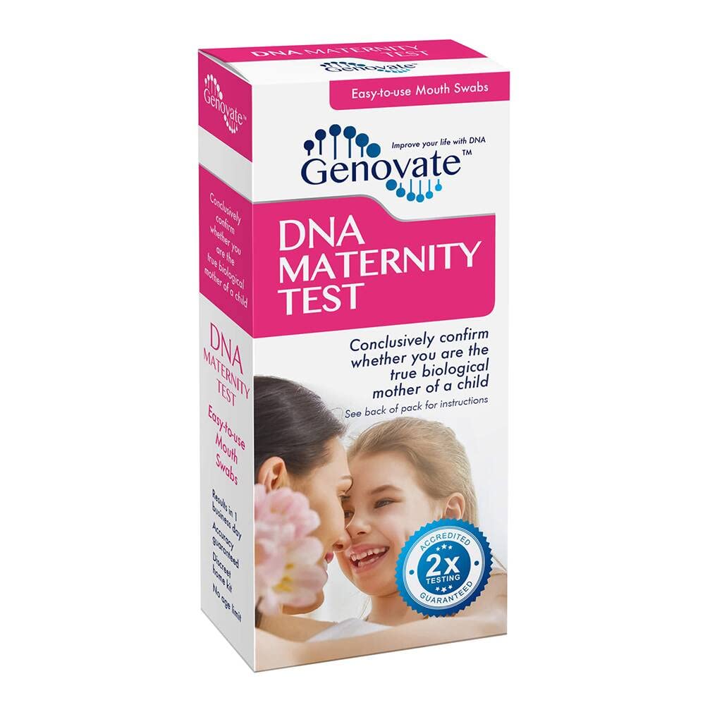 Genovate DNA maternity test kit box ready for at-home testing with privacy.
