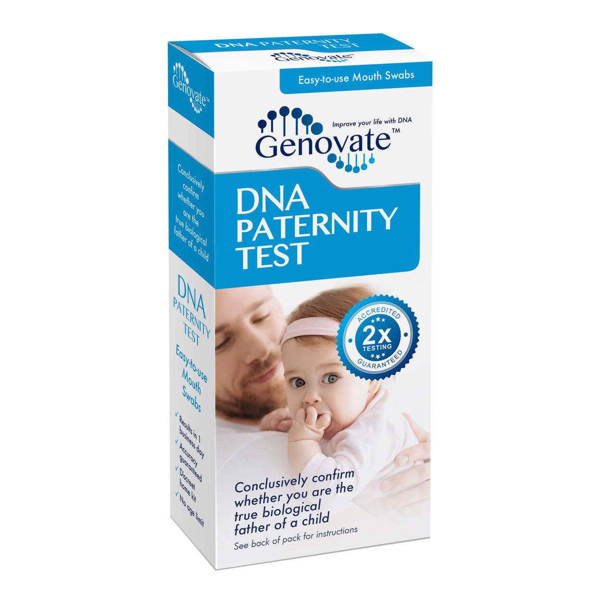 Genovate DNA paternity test packaging, all-in-one kit for private at-home testing