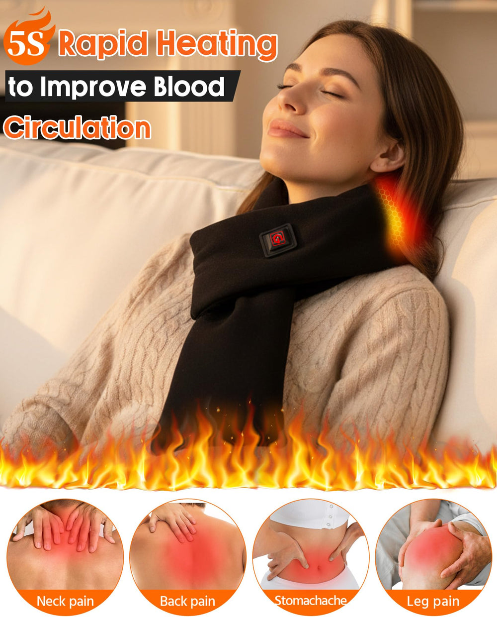 Genovega heated scarf shows 3-level heating for indoor, commute, or outdoor use.
