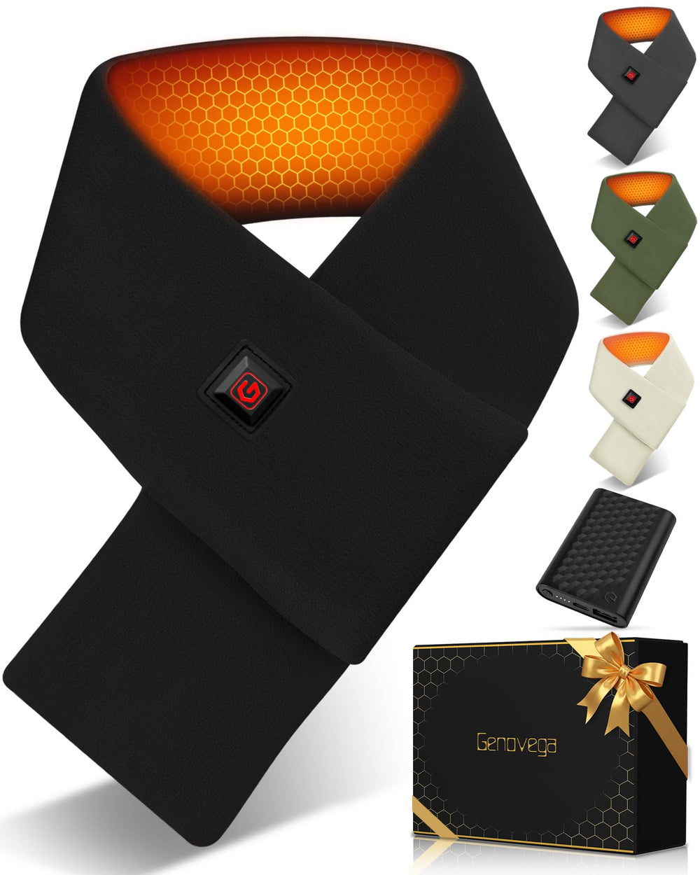 Genovega heated scarf with battery pocket provides all‑day warmth on the go.