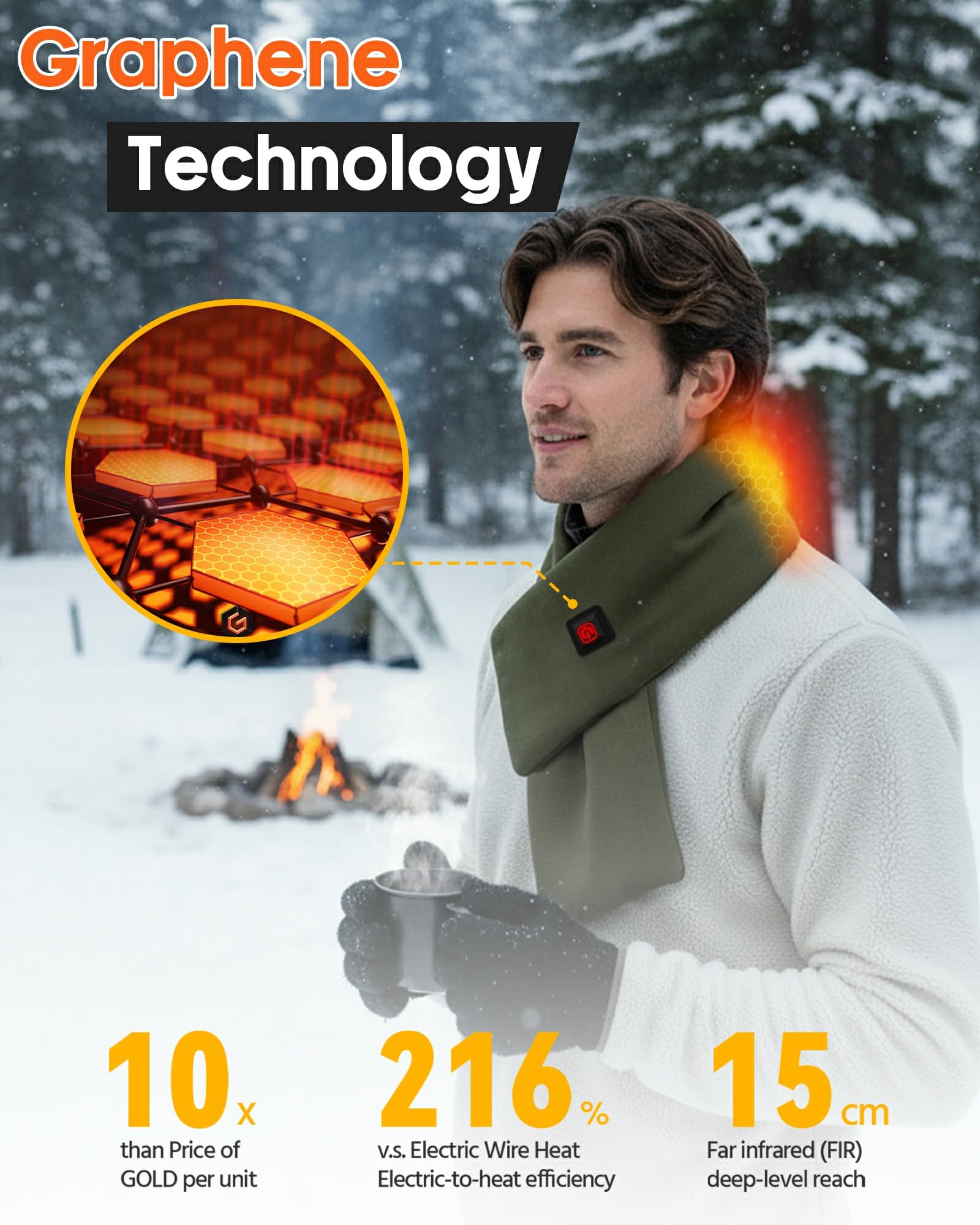 Genovega heated scarf showing three heat levels for comfort