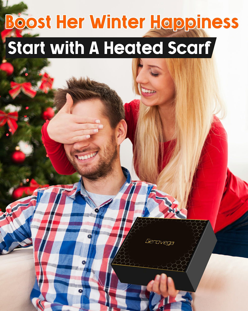 Genovega heated scarf worn outdoors during winter commutes.