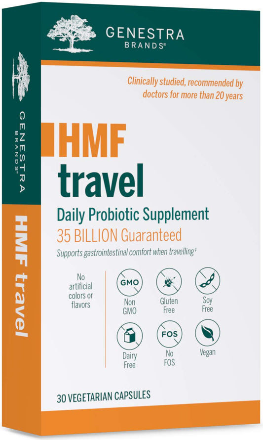 Genestra Brands HMF Travel bottle with capsules, travel-friendly probiotic solution for GI support
