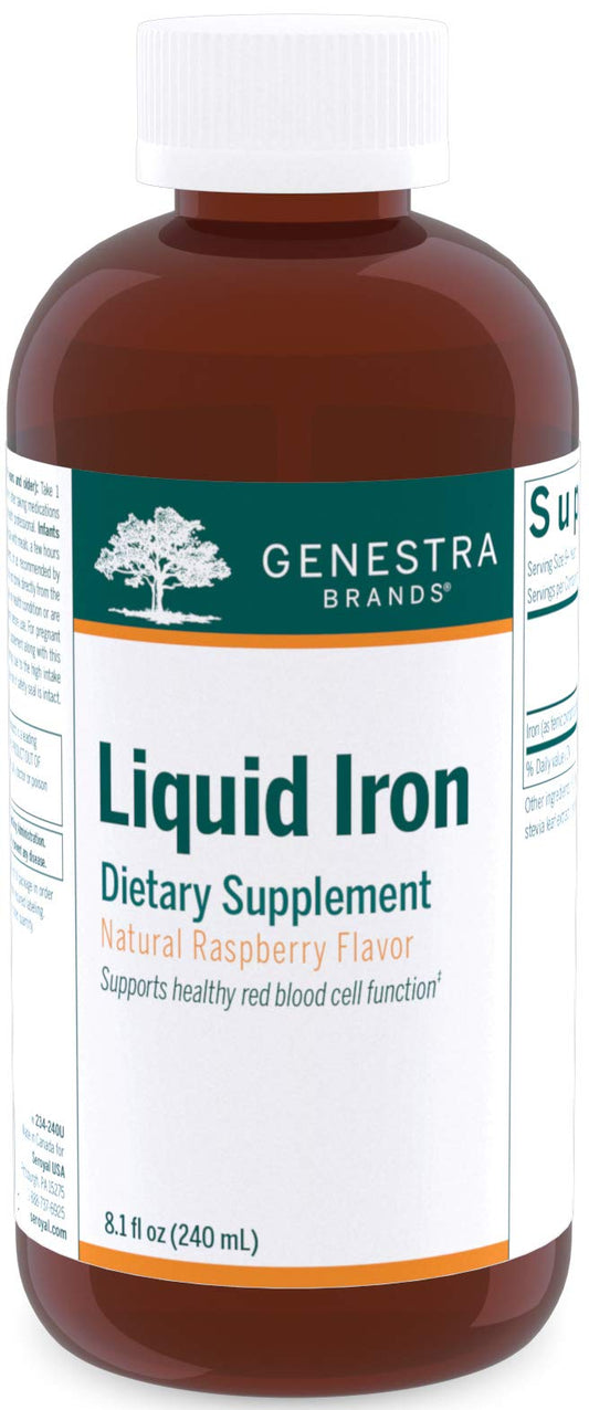 Genestra Brands Liquid Iron bottle pour showing easy dosing for daily wellness.