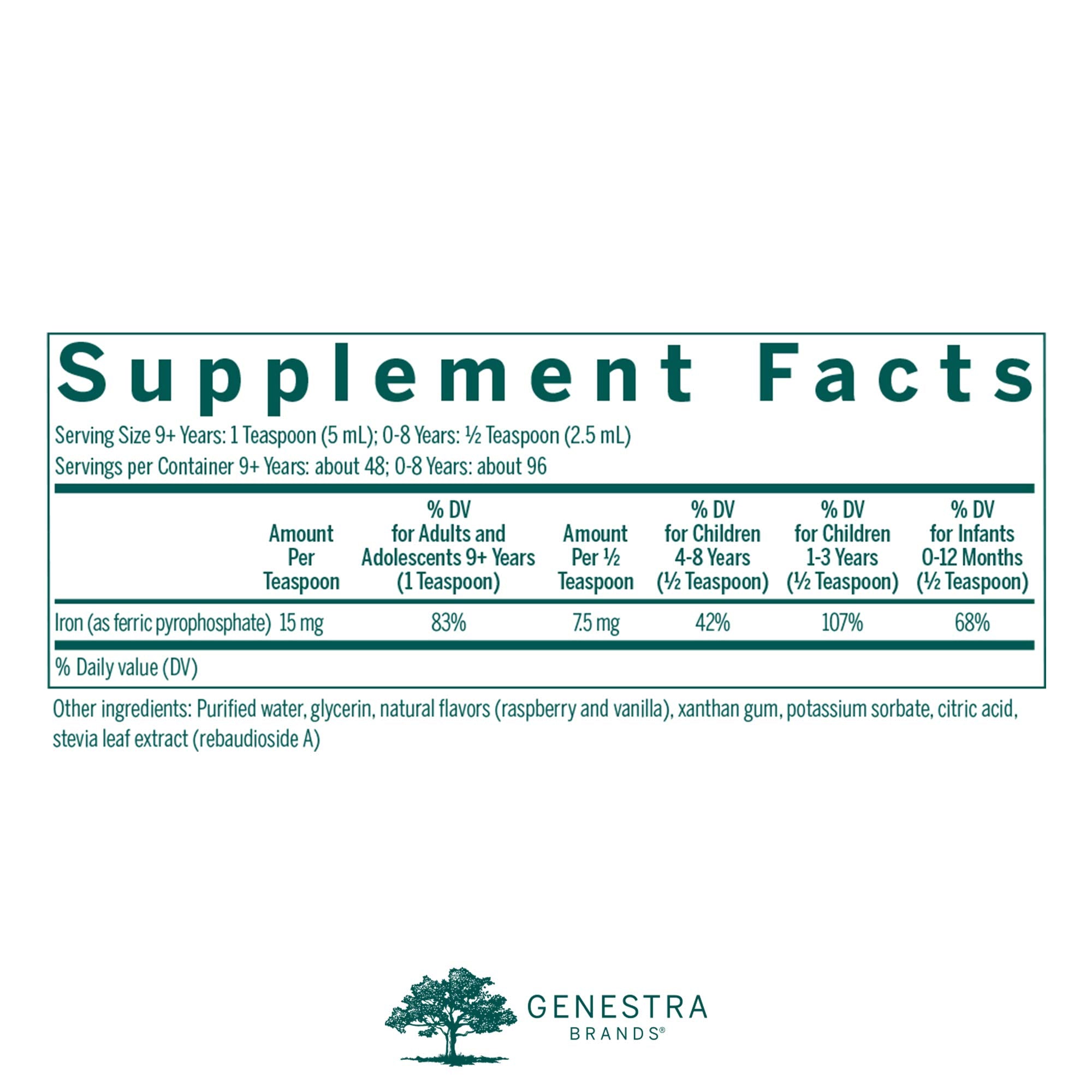Genestra Brands Liquid Iron label closeup emphasizing quality and ingredients.