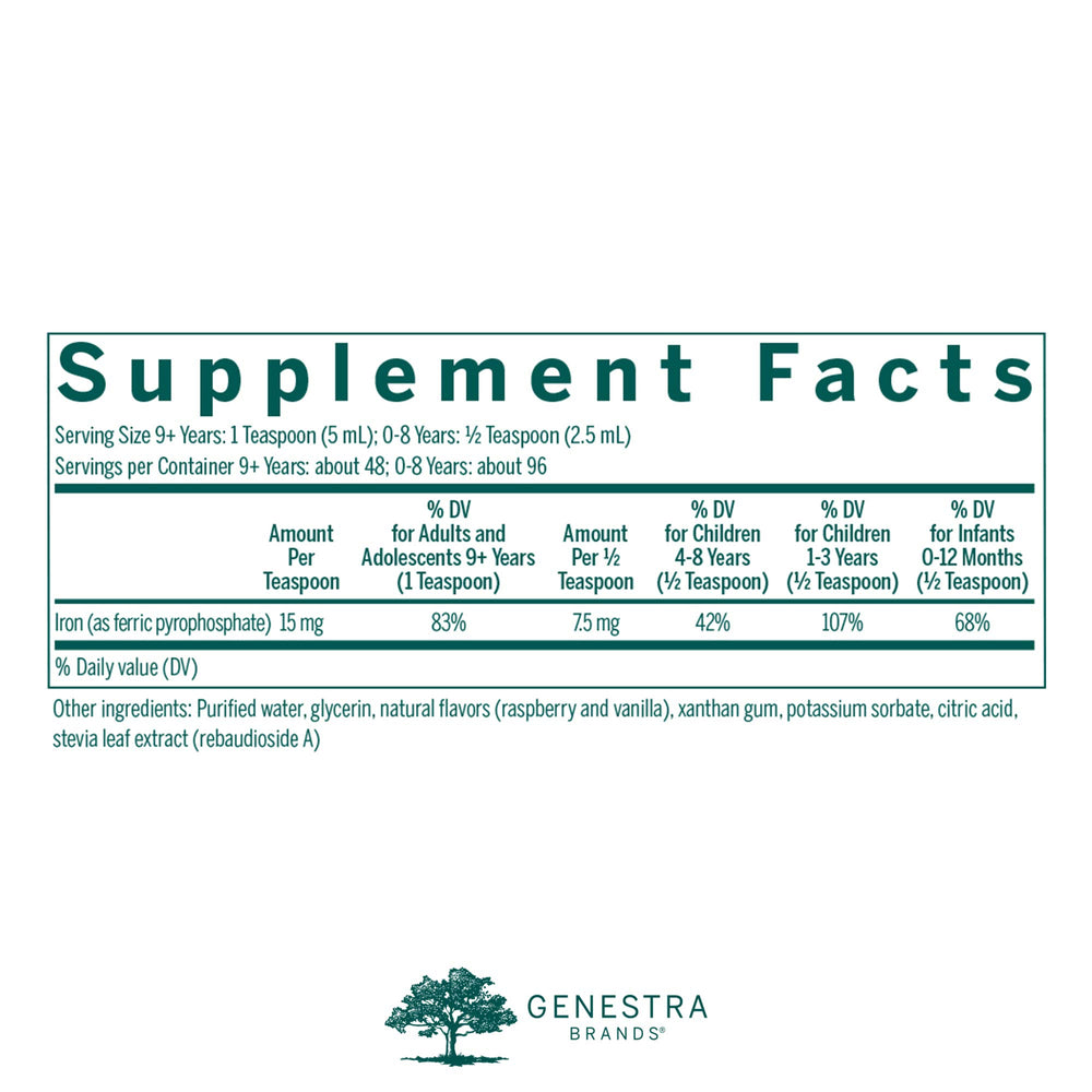 Genestra Brands Liquid Iron label closeup emphasizing quality and ingredients.