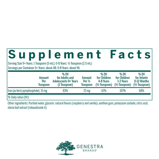 Genestra Brands Liquid Iron label closeup emphasizing quality and ingredients.