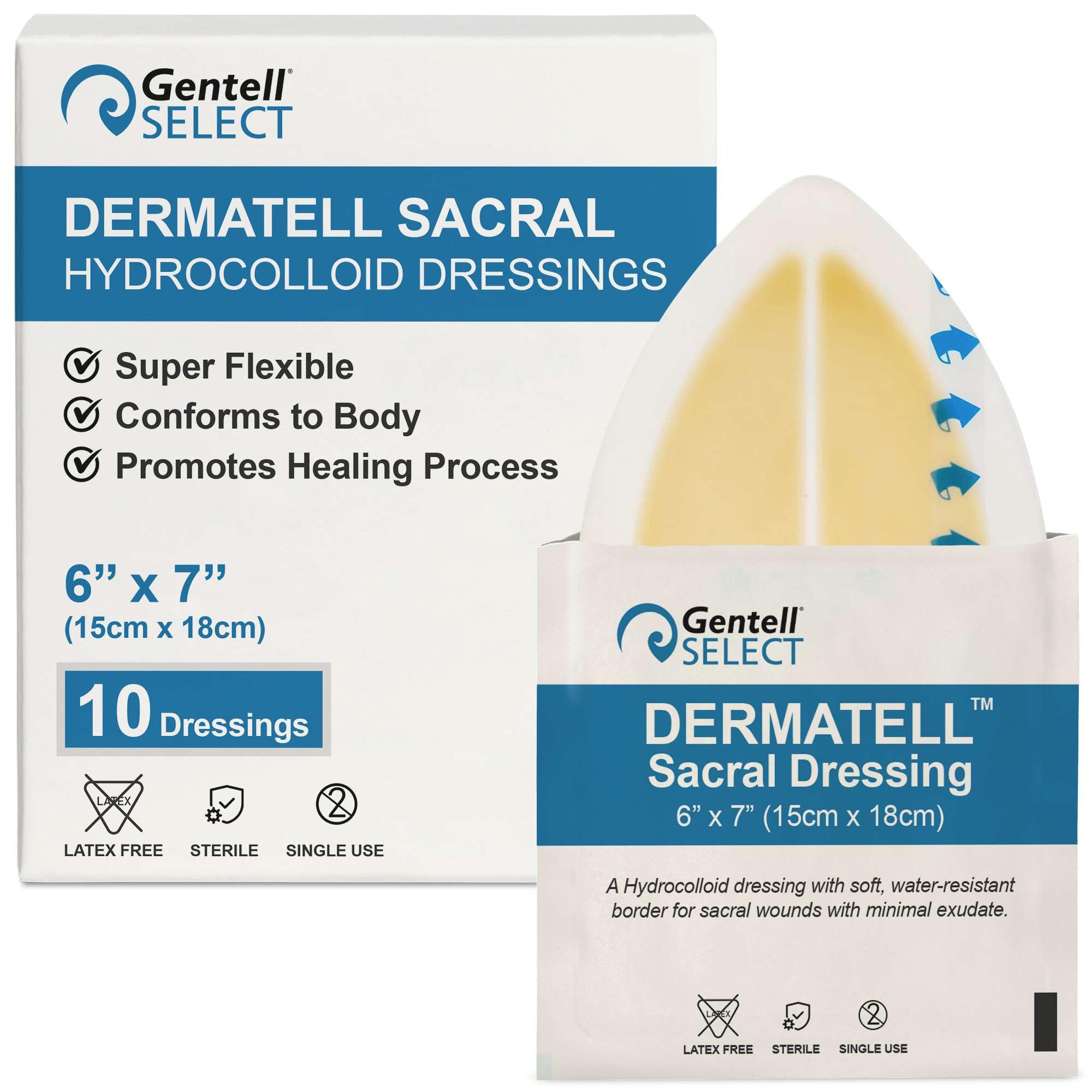 Gentell Select Dermatell hydrocolloid dressing packaging for wound care