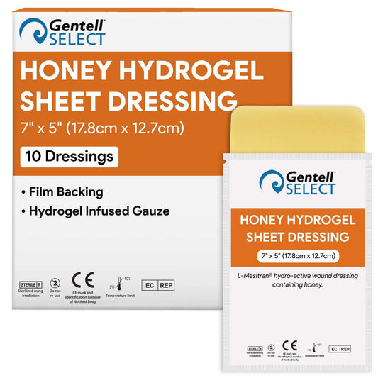 Gentell Select honey hydrogel dressing, 7x5 size, hydrates wounds and protects during care.