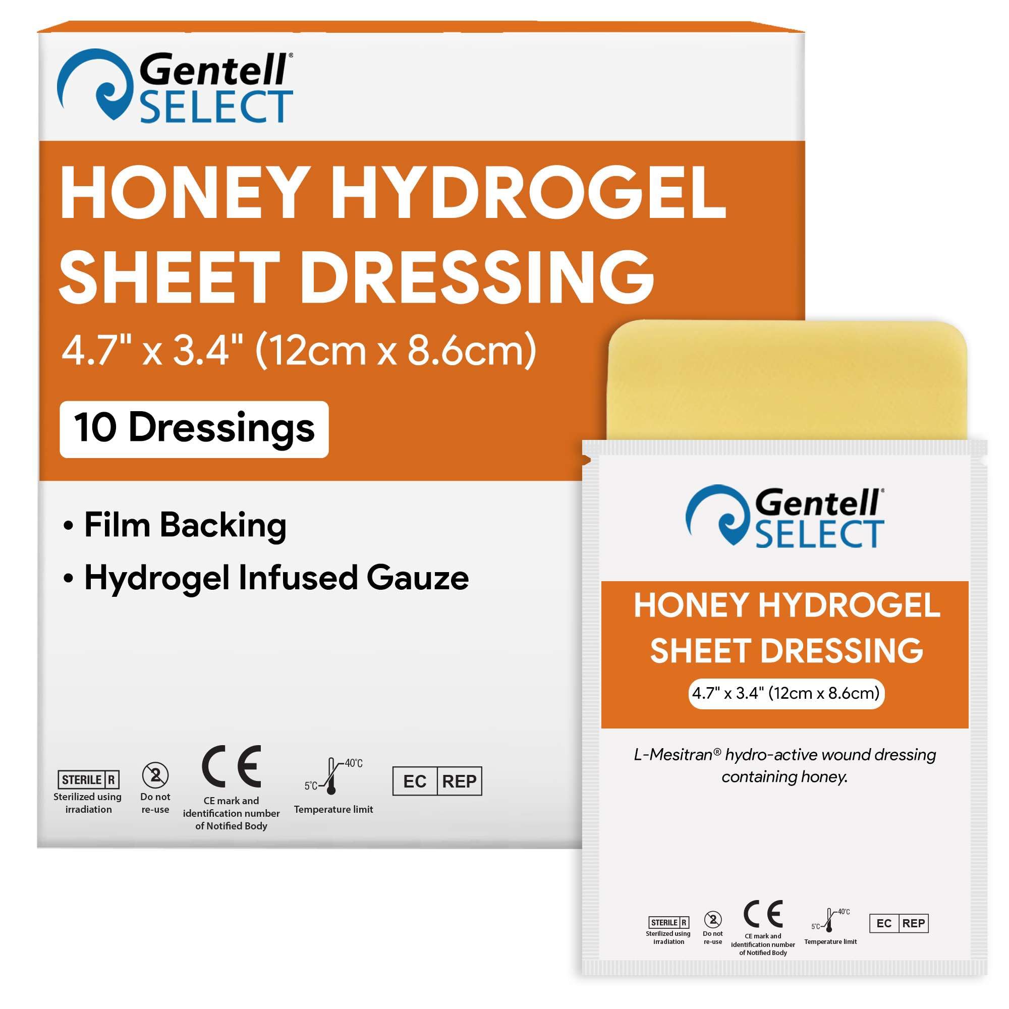 Gentell Select honey hydrogel dressing pack front for convenient wound care.