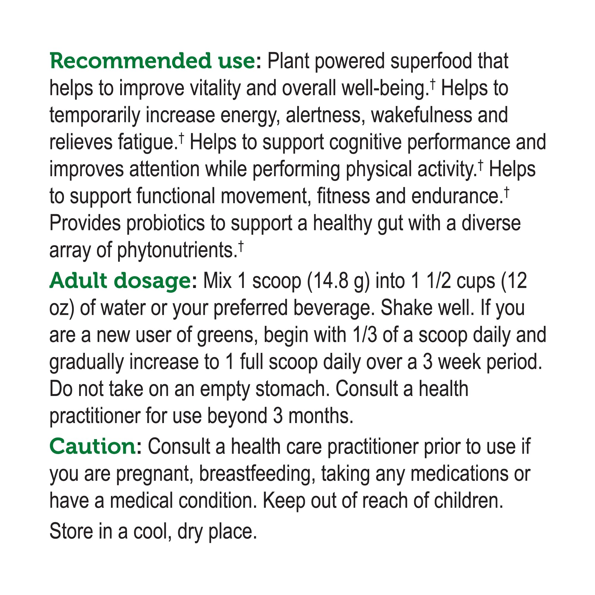 Close-up of Genuine Health Greens + Extra Energy label, no artificial flavors or colors