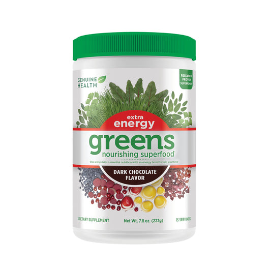Genuine Health Greens + Extra Energy tub with scoop, energizing greens for daily wellness