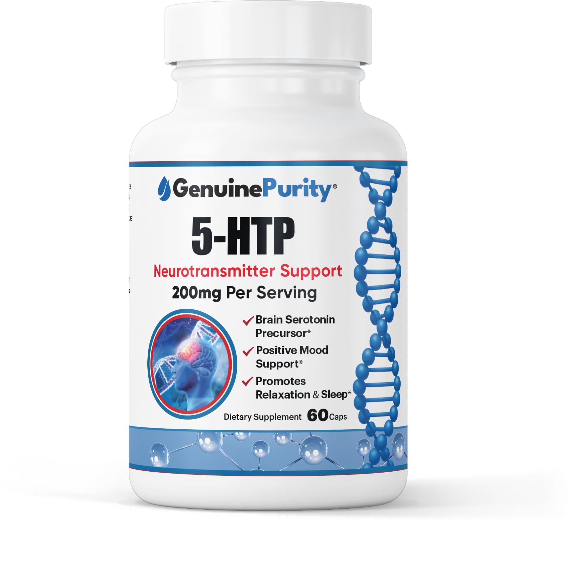 GenuinePurity 5-HTP bottle promotes daily calm and absorption-focused supplementation.