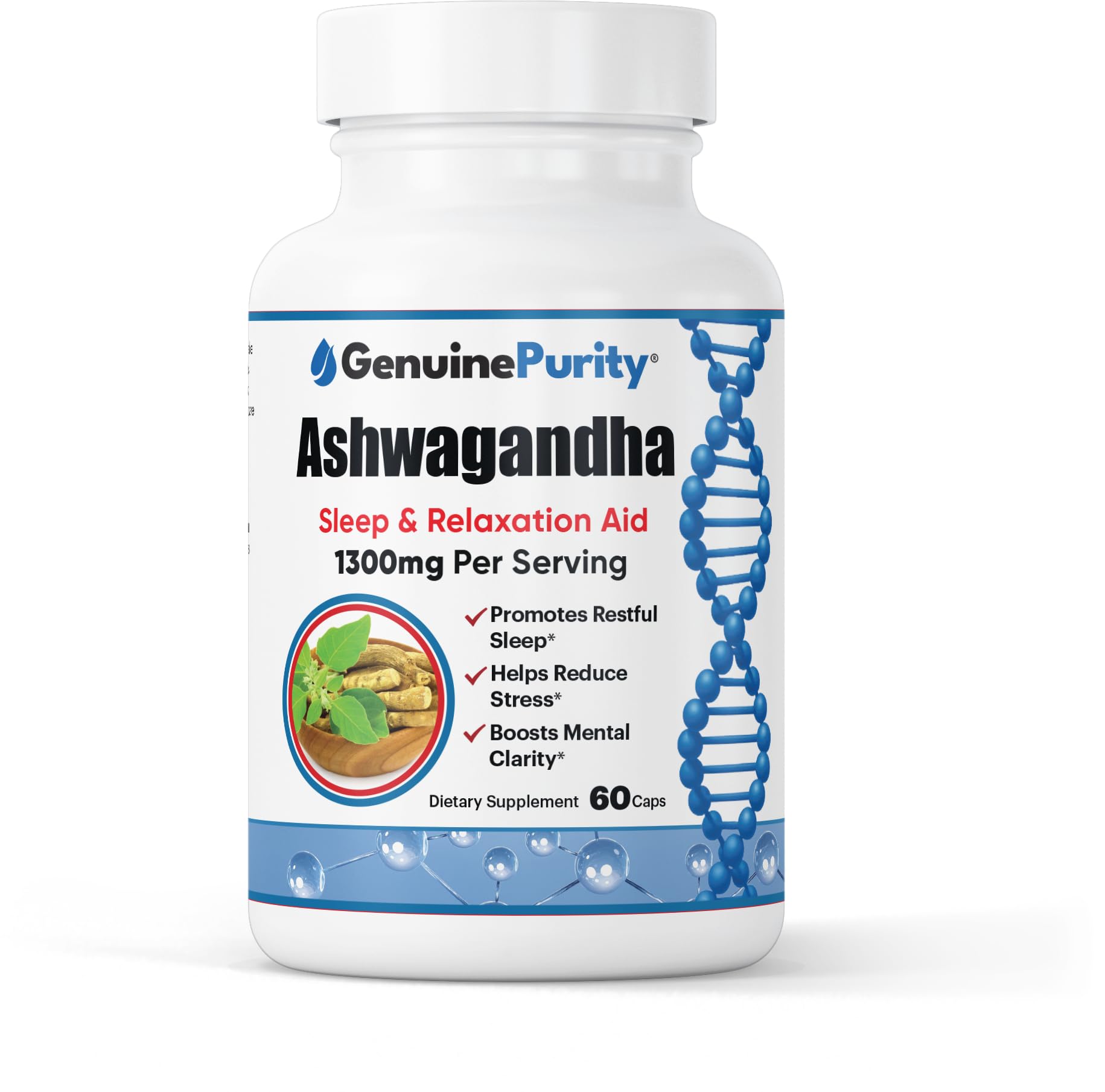 GenuinePurity Ashwagandha bottle supports daily calm and balanced energy.