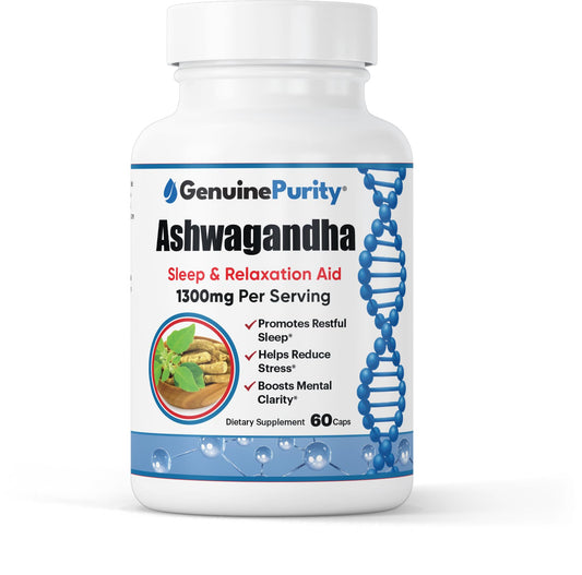 GenuinePurity Ashwagandha bottle supports daily calm and balanced energy.