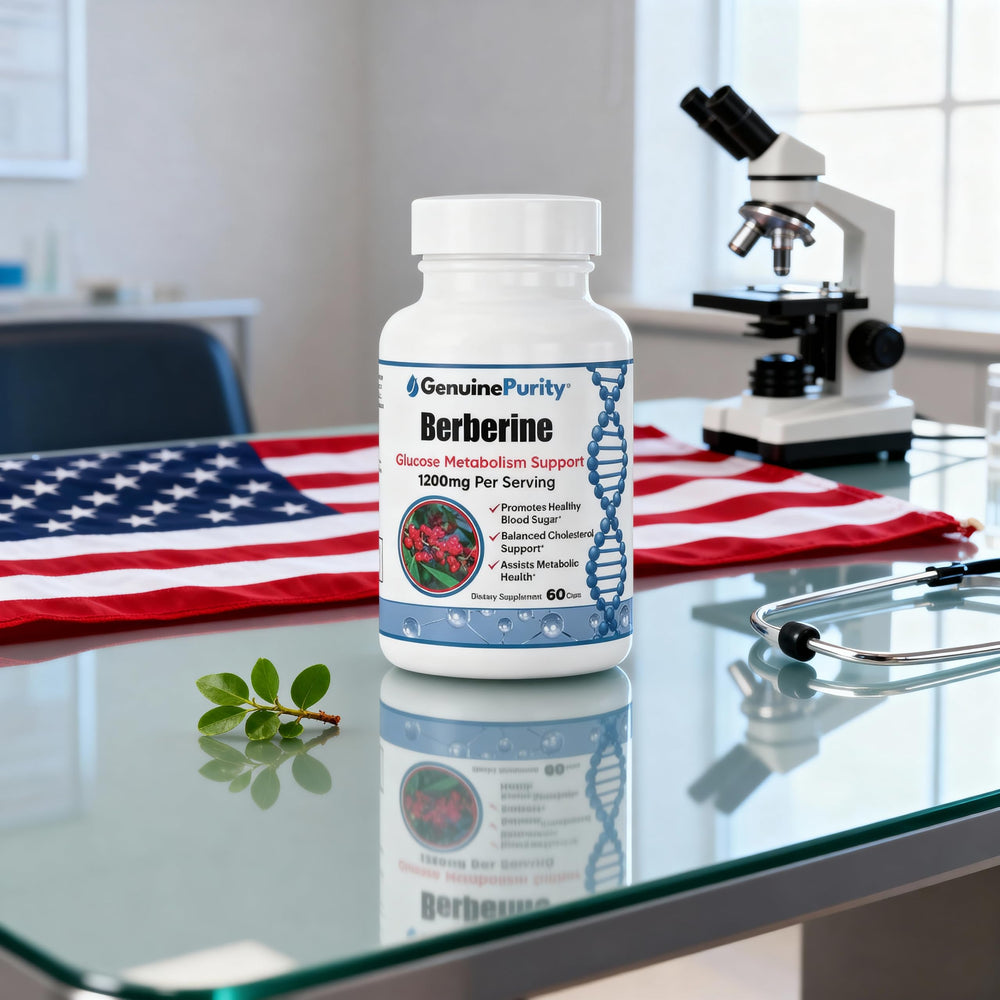 GenuinePurity packaging highlights vegan, non-GMO berberine formula
