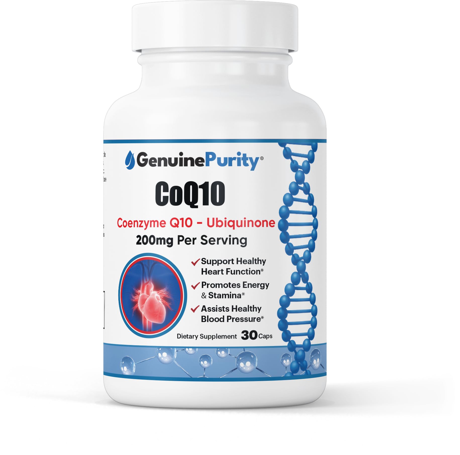 GenuinePurity CoQ10 200mg bottle with capsules for daily energy support and heart health.