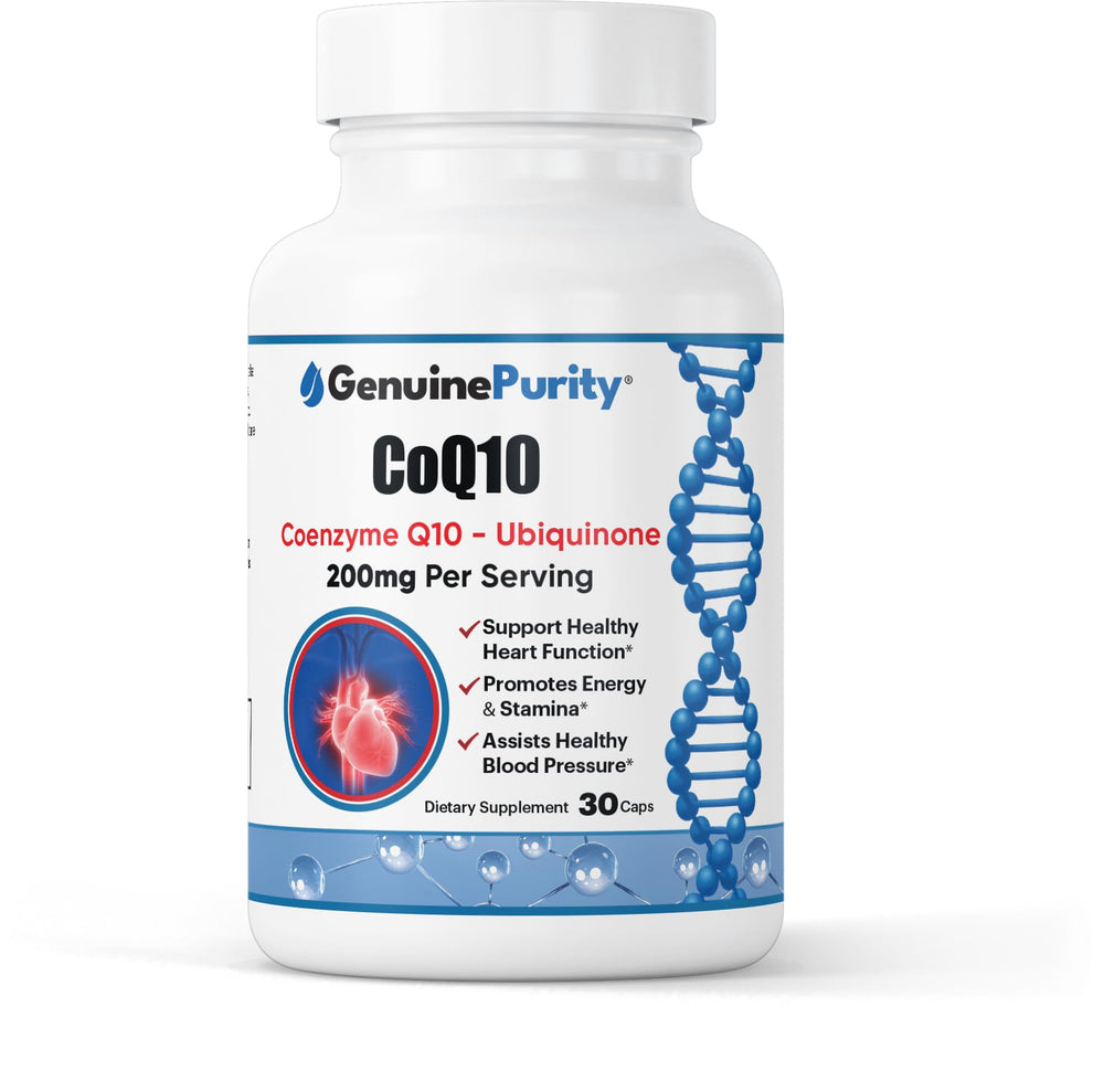 GenuinePurity CoQ10 200mg bottle with capsules for daily energy support and heart health.