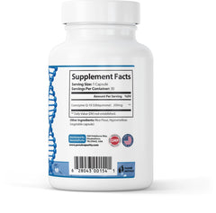 Close up of GenuinePurity CoQ10 200mg capsule highlighting energy support.