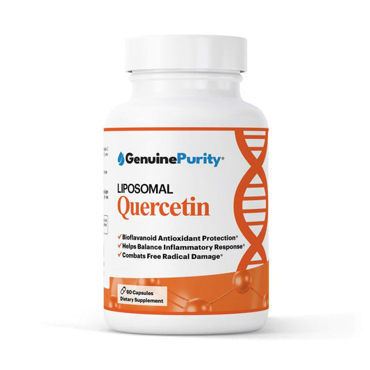 GenuinePurity liposomal quercetin bottle front offers daily antioxidant support.
