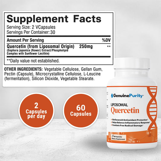 GenuinePurity liposomal quercetin bottle label communicates vegan, non-GMO quality for daily use.