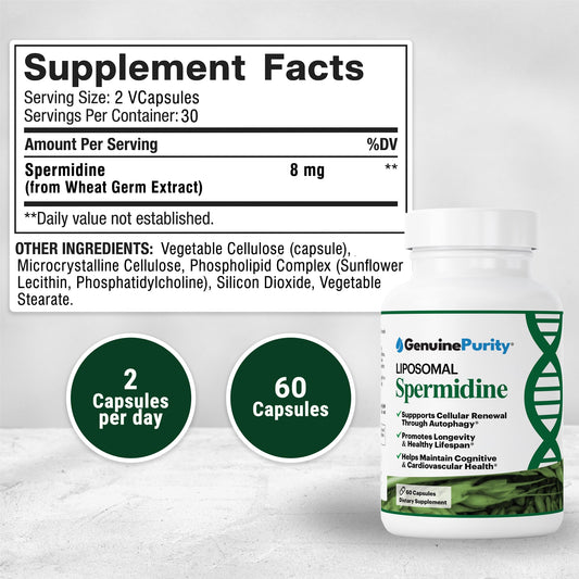 GenuinePurity liposomal spermidine capsules close-up for clean daily use with vegan, non-GMO formula.
